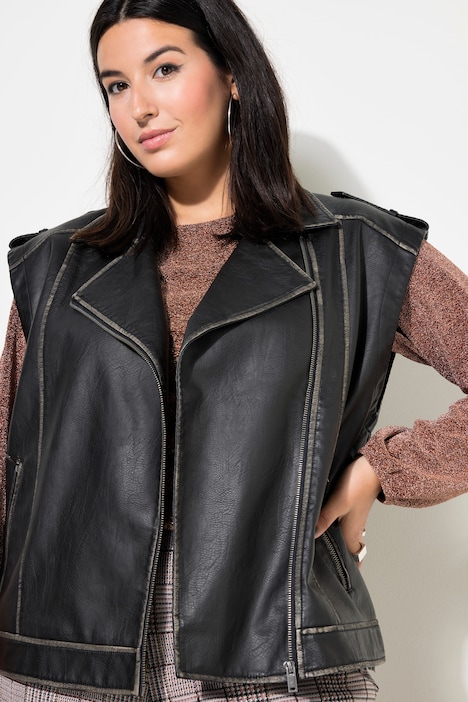 Weste, oversized, Bikerform, Lederoptik, Used-Look