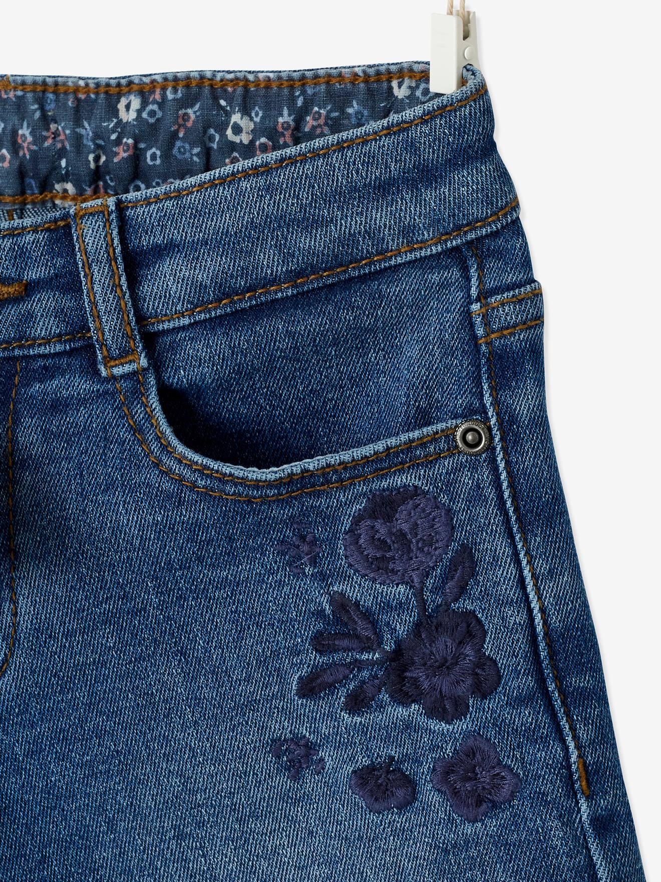 Shorts jeans bordados com laço de estampa floral, para meninas, lavagem azul escura