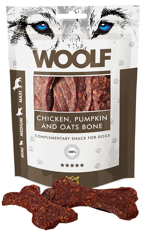 Woolf chicken, pumpkin and oats bone 100g<br>OBS. nedsatt pga dato 09.08.25