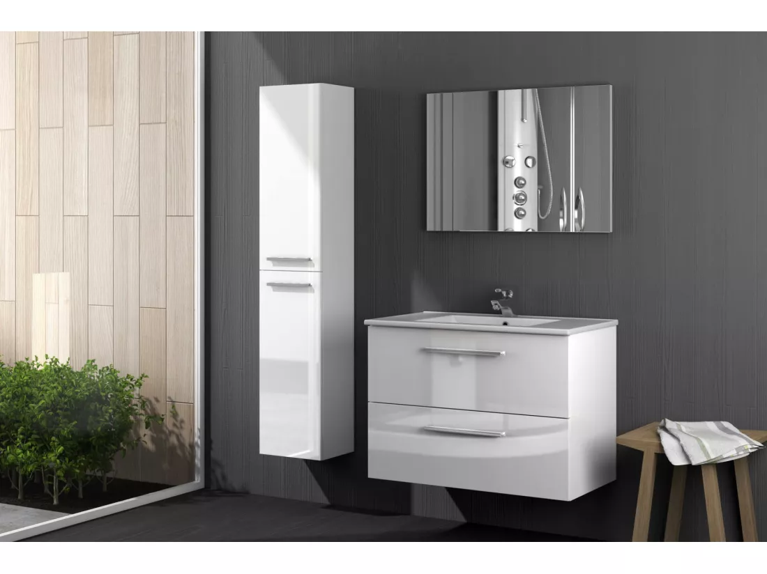 Colonne de salle de bain Alexandria, Armoire colonne de salle de bain avec 2 portes, Armoire murale suspendue avec 2 étagères, 30x25h150 cm, Blanc brillant