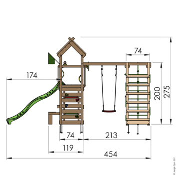 Speeltoestel Jungle Gym Teepee met blauwe glijbaan en klimrek van grenenhout