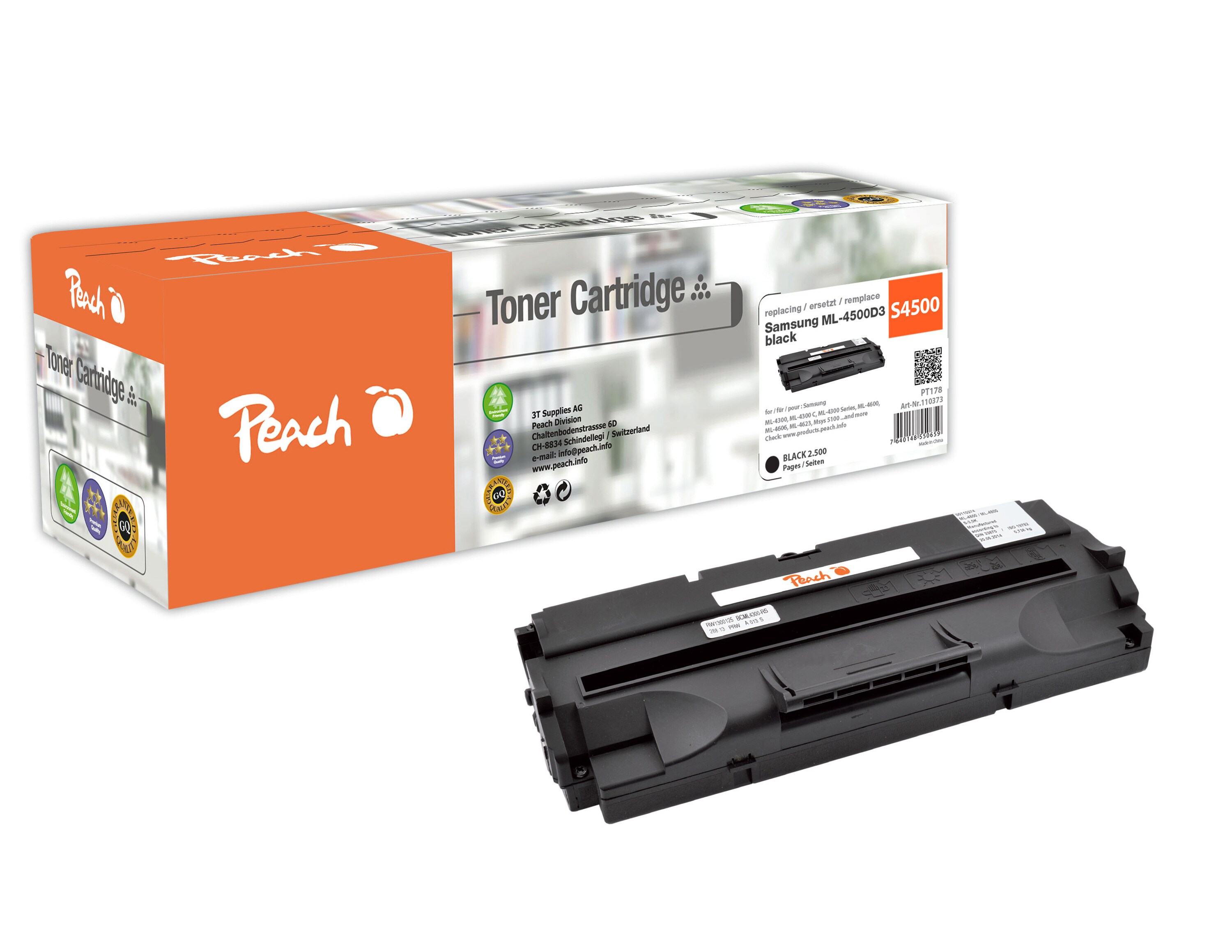 Peach S4500 BK Toner bk ersetzt Samsung No. 4500BK, ML-4500D3 für z.B. Samsung ML -4300, Samsung ML -4300 C, Samsung ML -4300 I, Samsung ML -4500 (wiederaufbereitet)