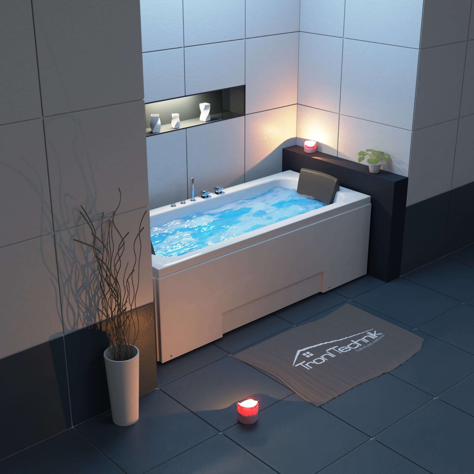 TroniTechnik® Whirlpool Badewanne IOS 170cm x 75cm inkl. Spülfunktion, Hydromassage und Farblichtherapie, Sanitäracryl