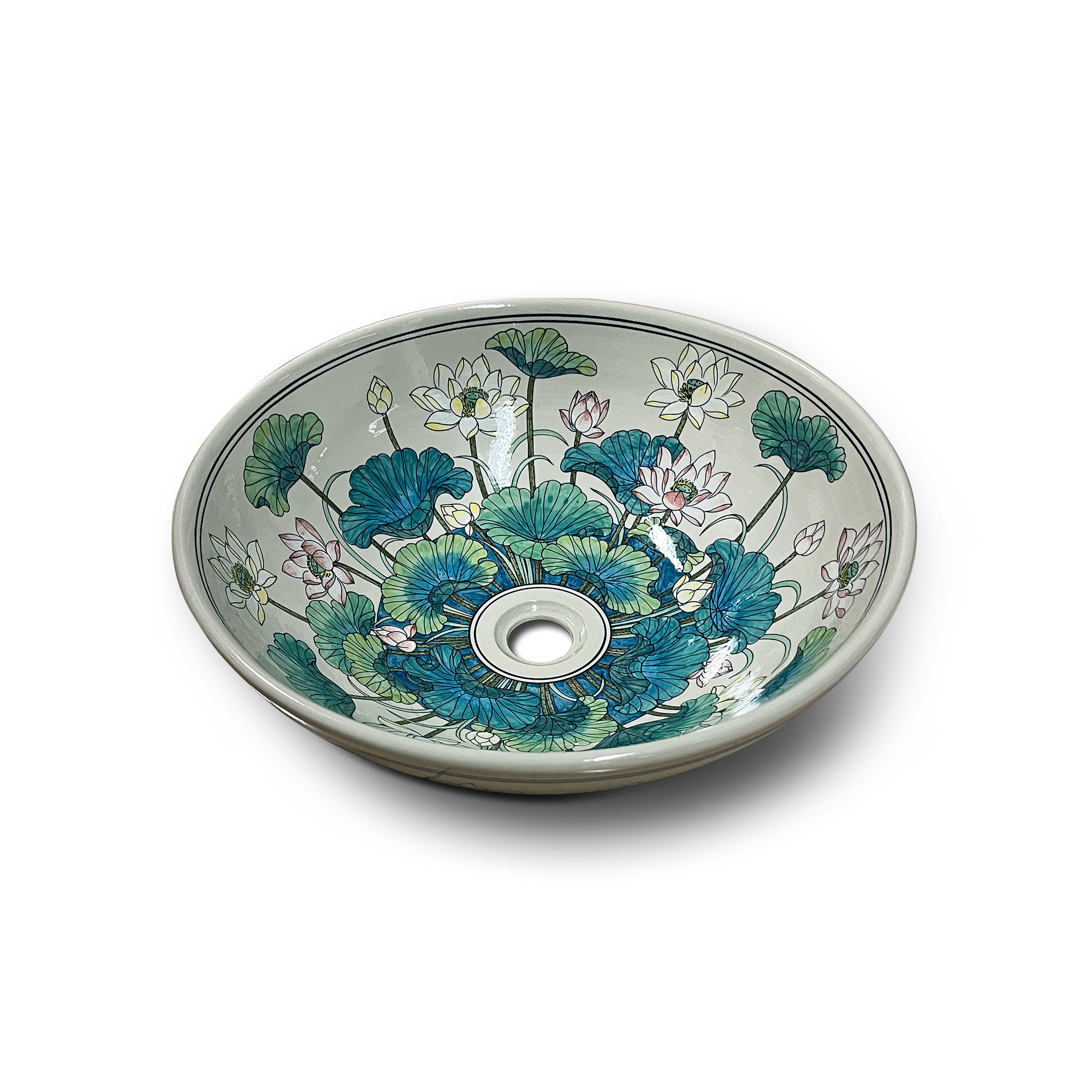 Keramik-Aufsatzwaschbecken 'Seerosen', Ø 46 cm, H 15 cm von fischer's lagerhaus