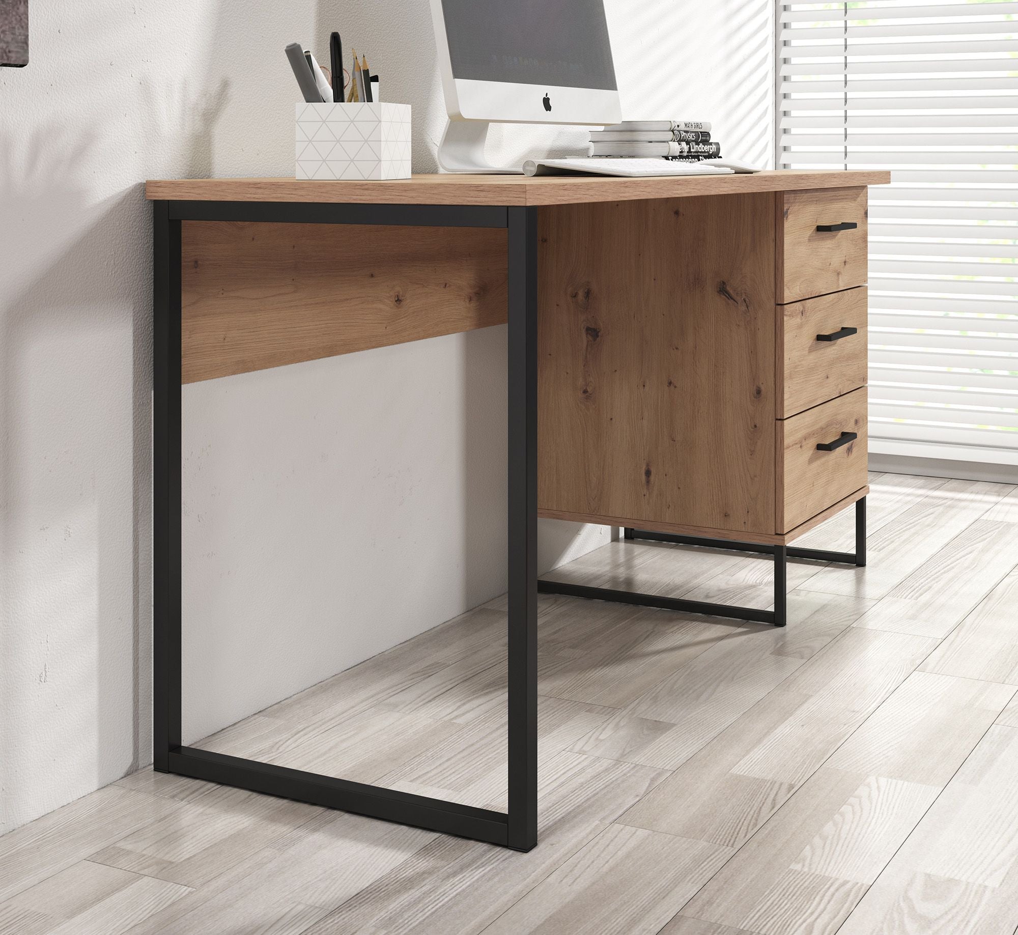 Meubella - Bureau Saturn - Eiken - Zwart - 138 cm