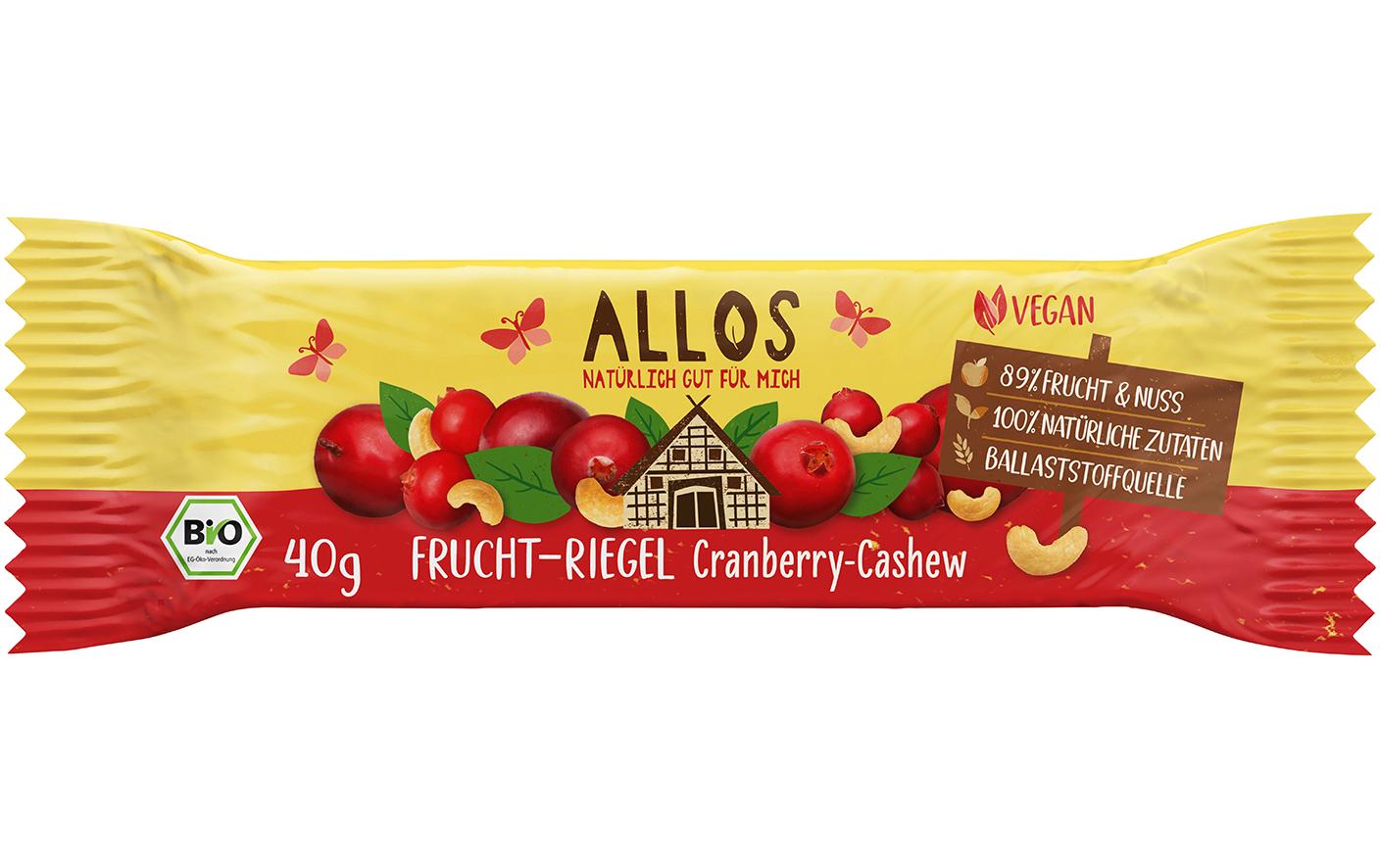 Riegel Fruchtschnitte Cranberry-Cashew 40 gFruchtriegel mit Cranberries und Cashewkernen