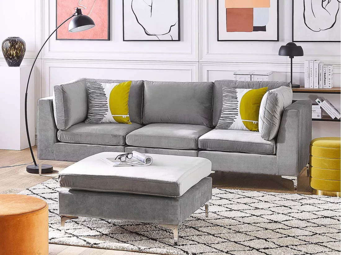 Canapé modulable 3 places en velours gris avec pouf ottoman EVJA