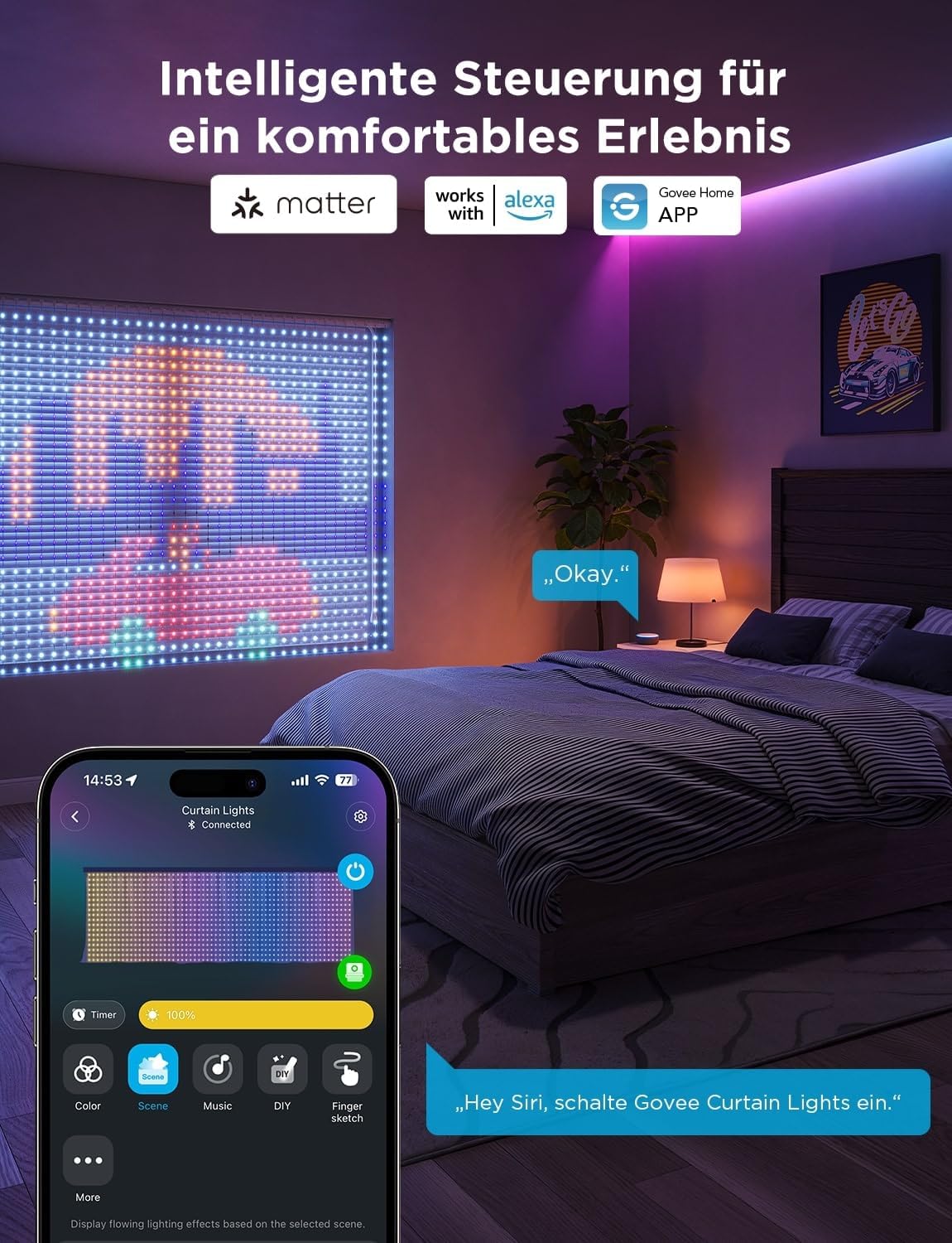 Govee Curtain Lights 4,5×2m, Smart LED Vorhang mit DIY GIF, RGBIC Color Chaning Lichterkette für Weihnachten Deko, Intelligente Dynamische Deko, IP65 Wasserfest, Kompatibel mit Alexa, 1560 LEDs