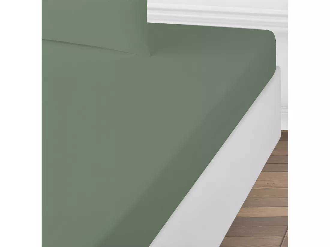 Drap housse uni en coton 57 fils eucalyptus 160x200cm