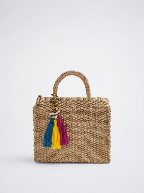 Bolsa de ombro de palha com alça removível - Bege