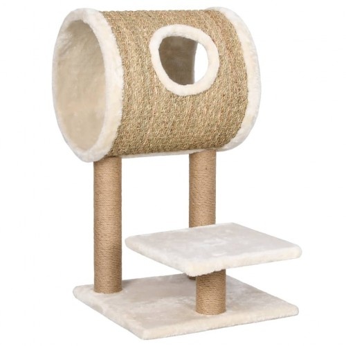 Arranhador bege para gatos com túnel e plataforma.