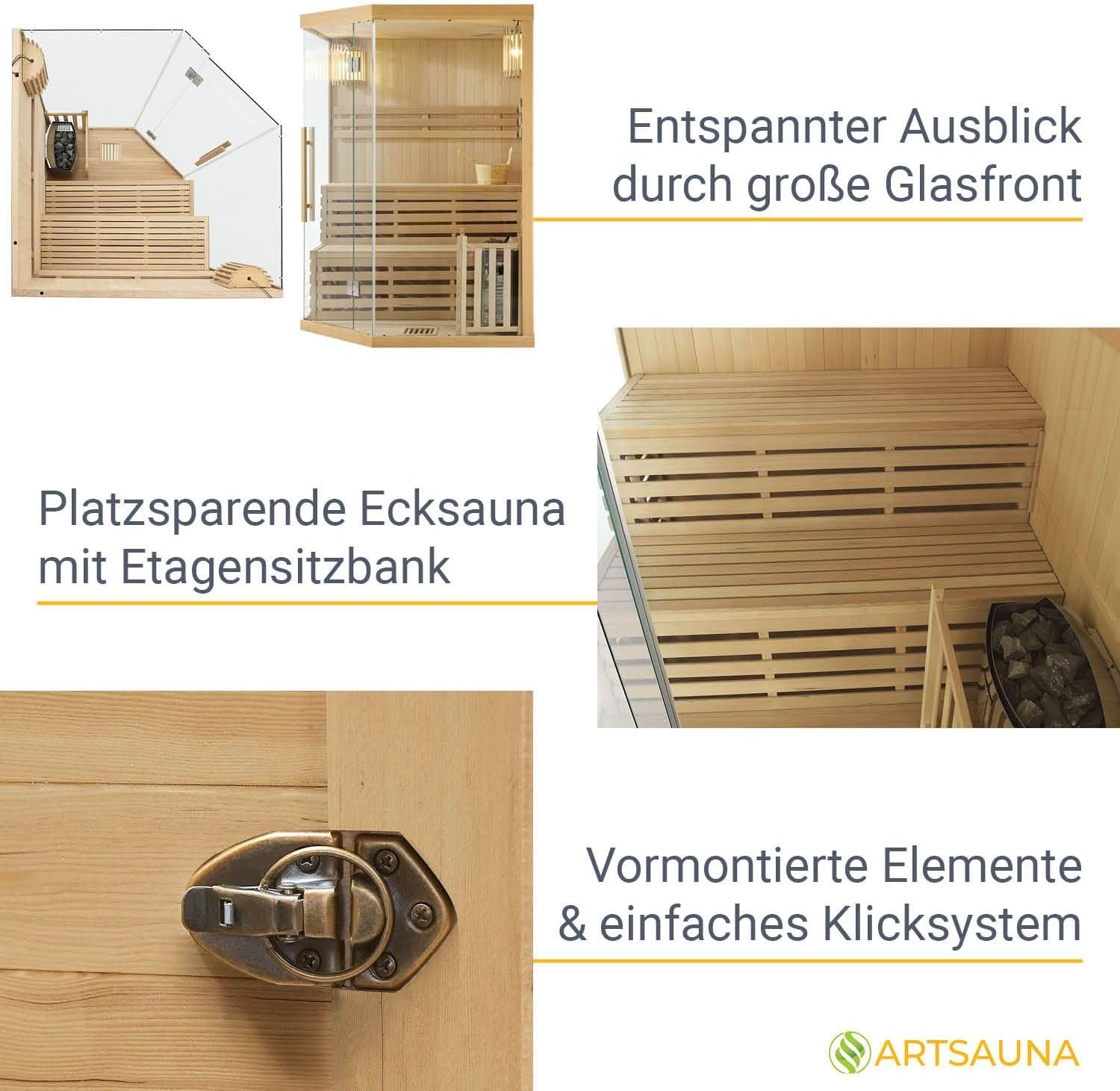 Artsauna Saunakabine Espoo150 Premium mit Harvia Ofen — 3 Personen — Hemlock Holz, Glasfront und LED Licht — Inkl. Thermometer & Sanduhr —Komplett Set