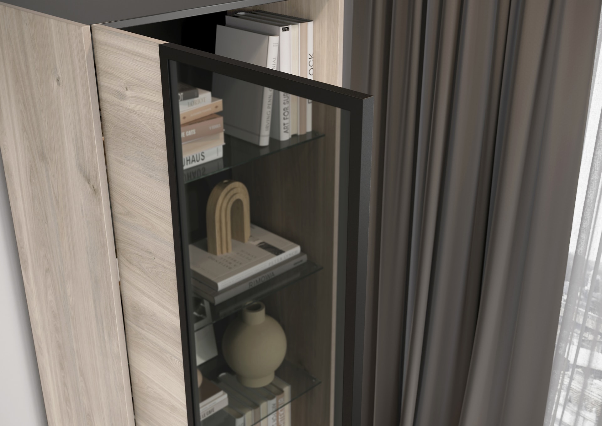 Vitrinenschrank EMMA 84 x 206 cm Castello-Eiche-Dekor beige/schwarz