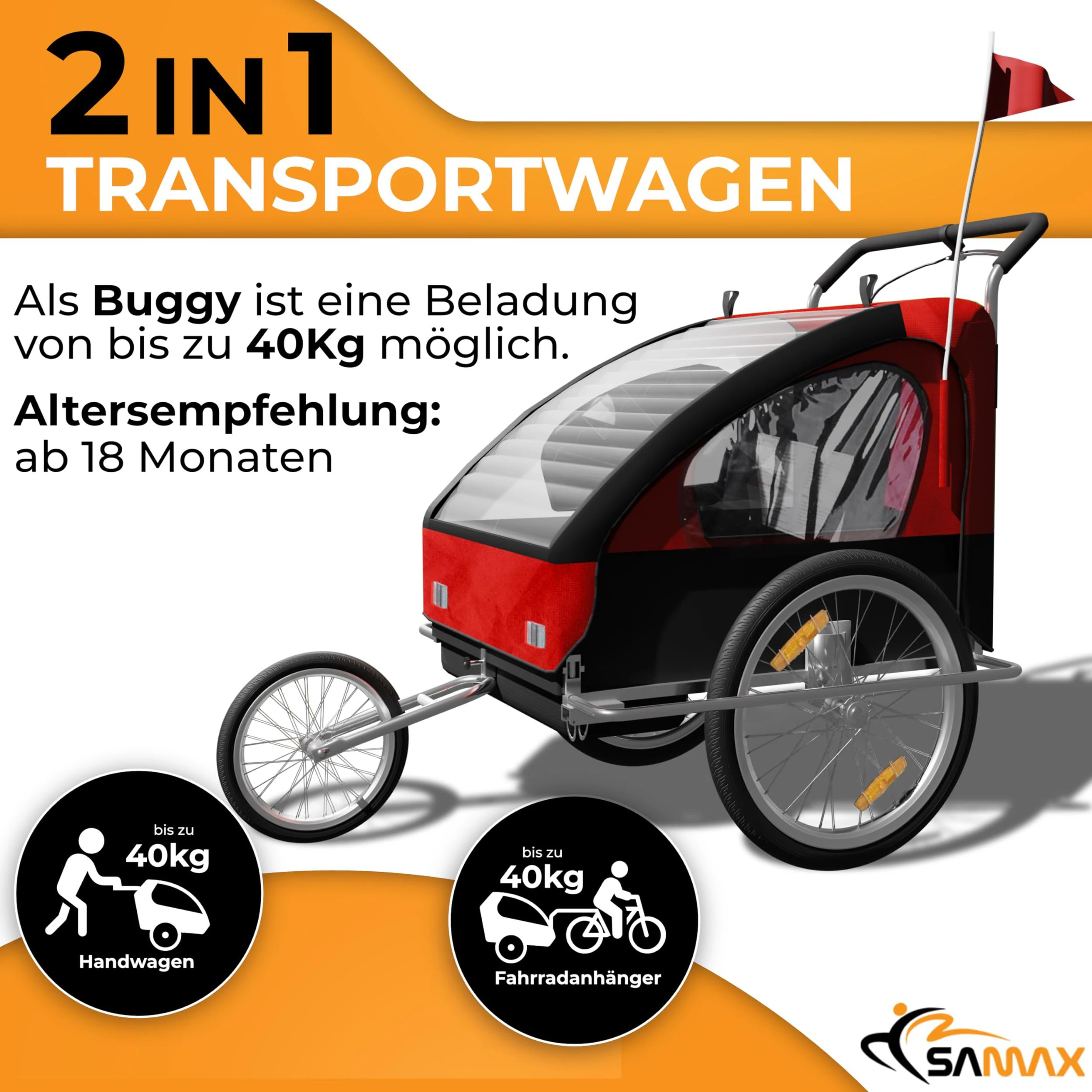 SAMAX Fahrradanhänger 2in1 Jogger - in Rot/Schwarz - Silver Frame