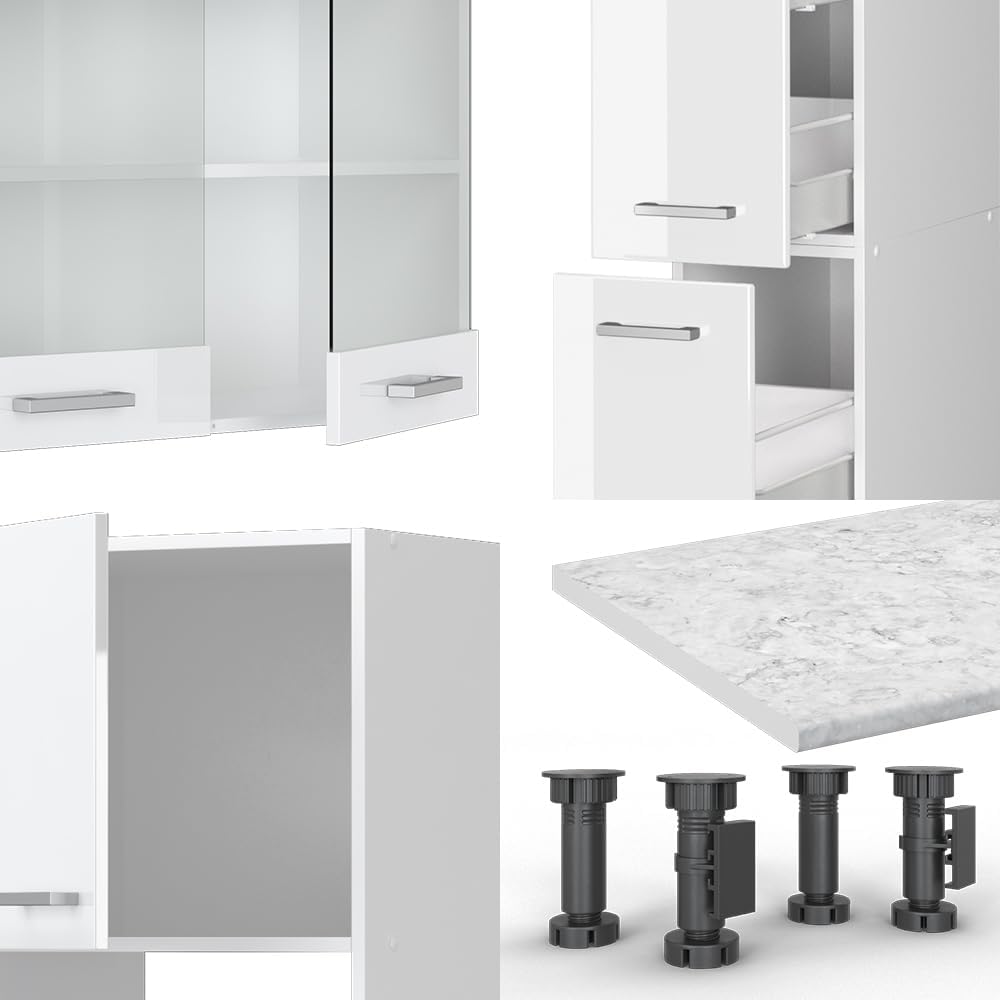 Vicco Küchenzeile R-Line, Weiß Hochglanz/Weiß, 350 cm mit Hochschrank, ohne Arbeitsplatte