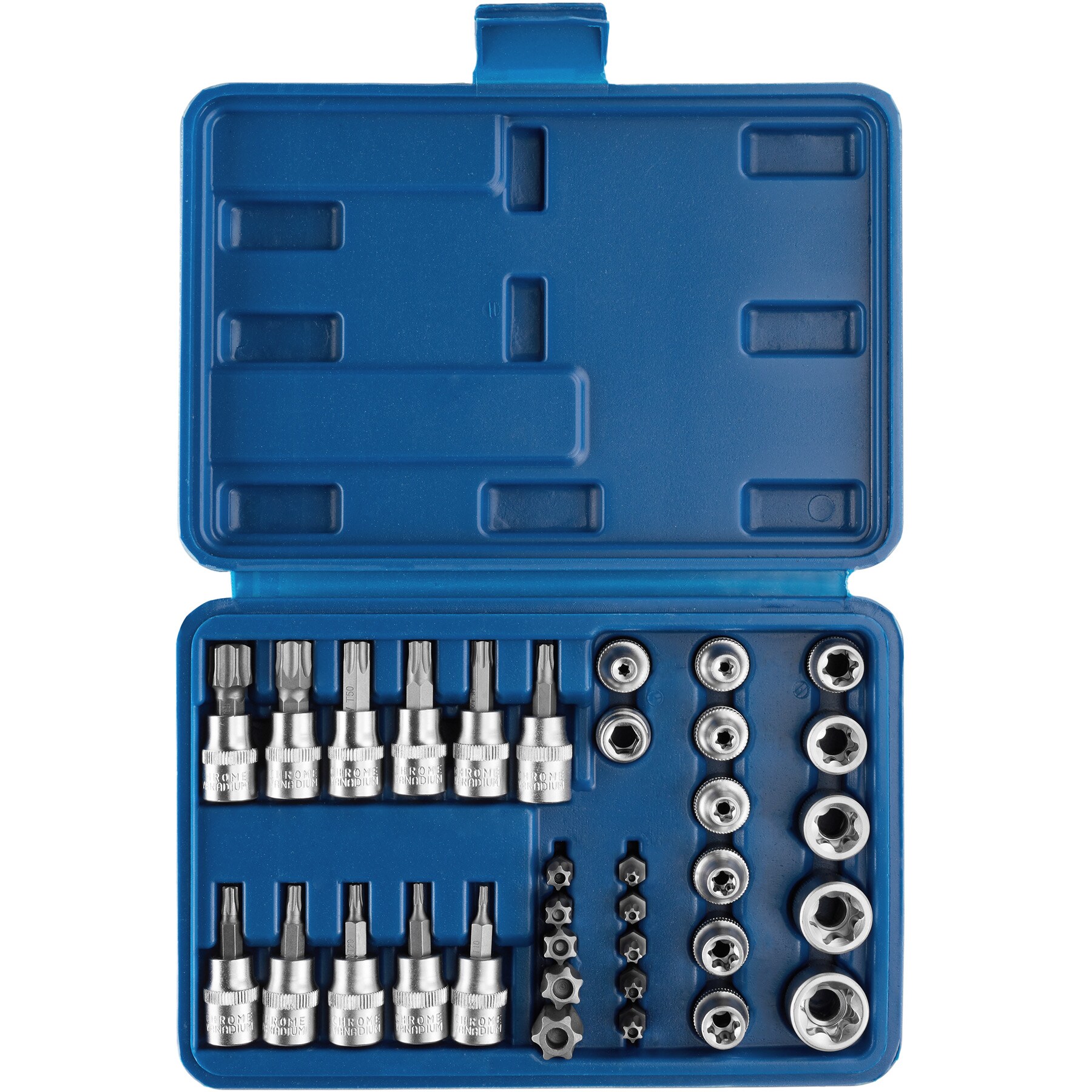 tectake® Torx Steckschlüsselsatz, 34-teilig, 5/16 und 3/8 Zoll, mit Kodierung und Kugelfangrille, übersichtliche Anordnung im Kunststoffkoffer