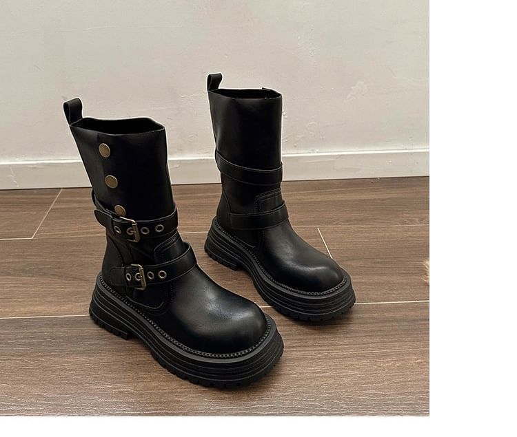 Vindler - Platform Plain Buckled Faux Leather Short Boots