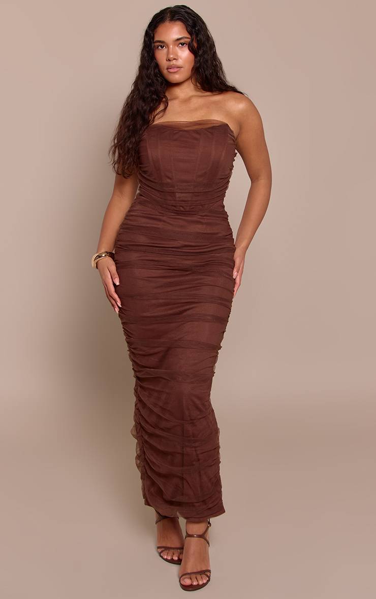 Chocolat Robe Maxi Bustier Corset Moulante En Mesh Froncé