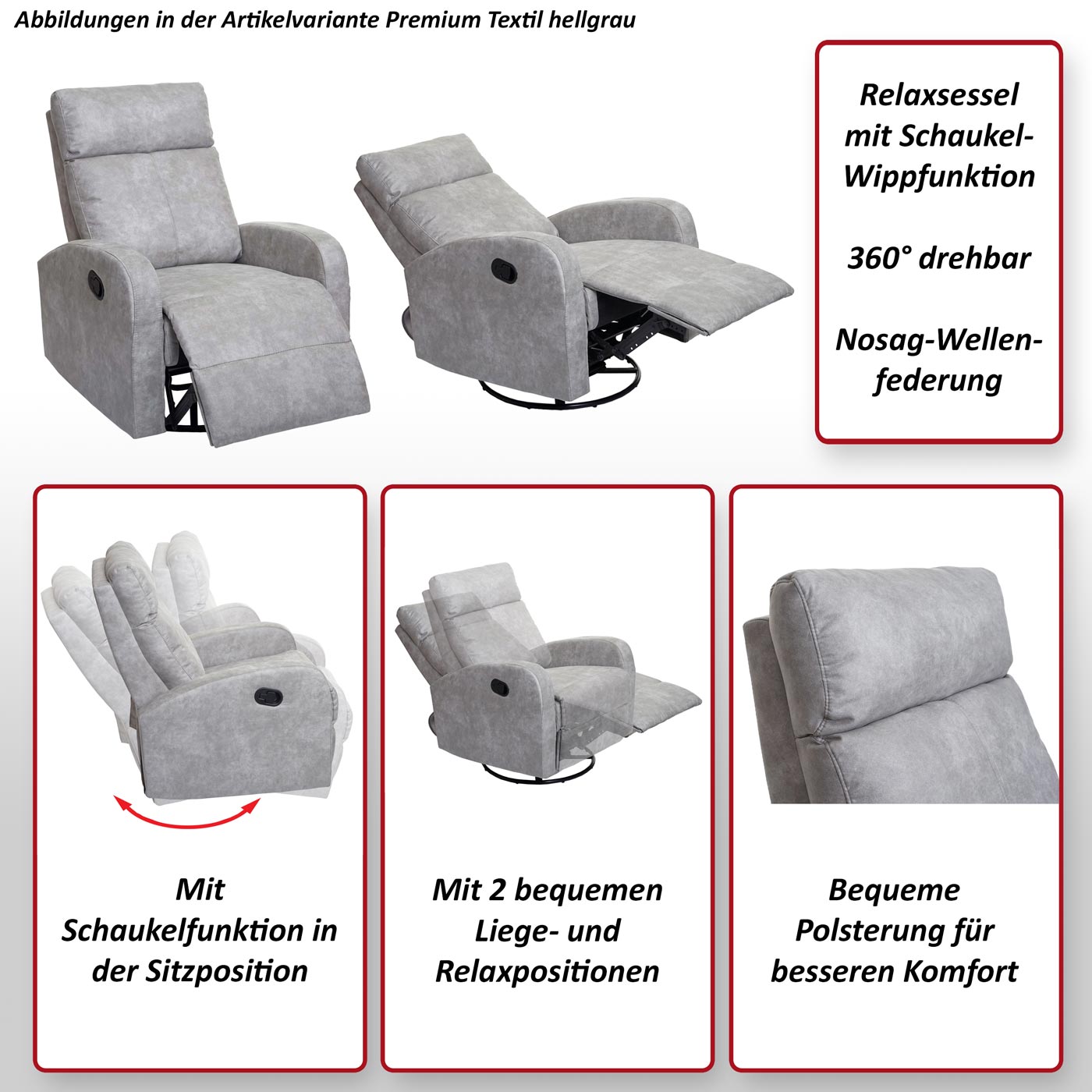 Fernsehsessel MCW-A54 Premium, Relaxsessel Schaukelstuhl Wippfunktion, drehbar ~ Stoff/Textil wildlederimitat