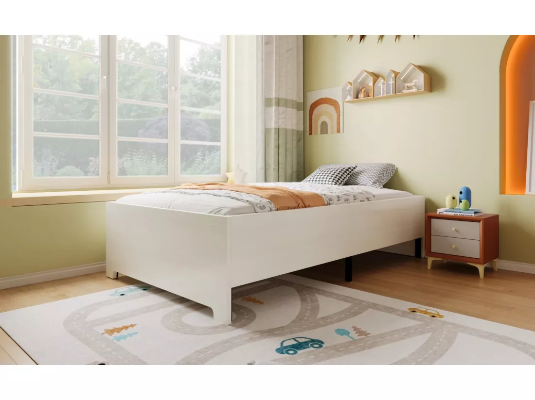 Cadre de lit 90×200cm, avec cadre à latte, conception non glissante, charge max 181kg, Blanc