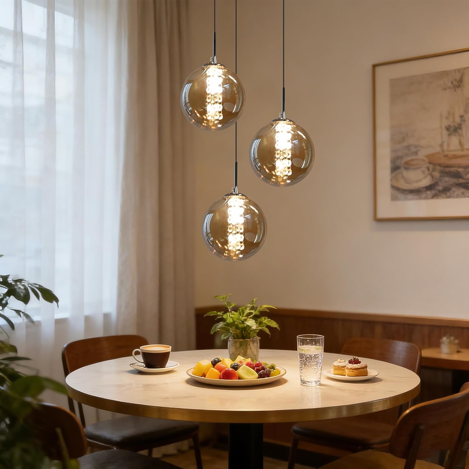 Pendelleuchte esstisch Pendellampe Höhenverstellbar Kronleuchter Hängeleuchte 3-Flammig aus Glas in Farbe Bernstein Küchen Wohnzimmerlampe Schlafzimmerlampe Flurlampe