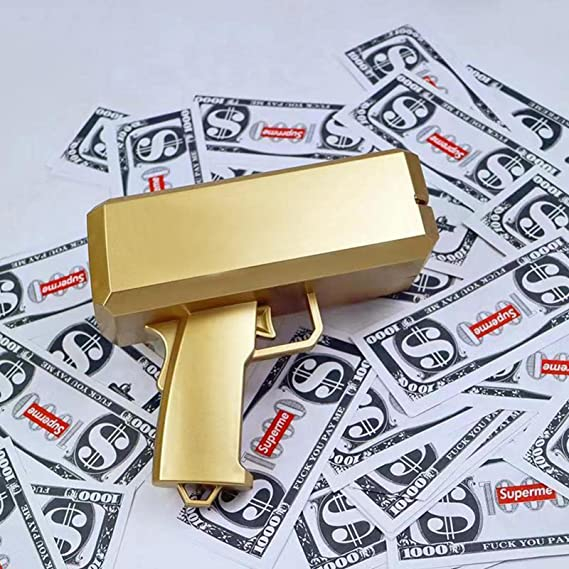 Mottoparty Spielzeug Money Gun Party Geldkanone mit 100 Spielgeldscheinen (Batteriebetrieben) - Gold