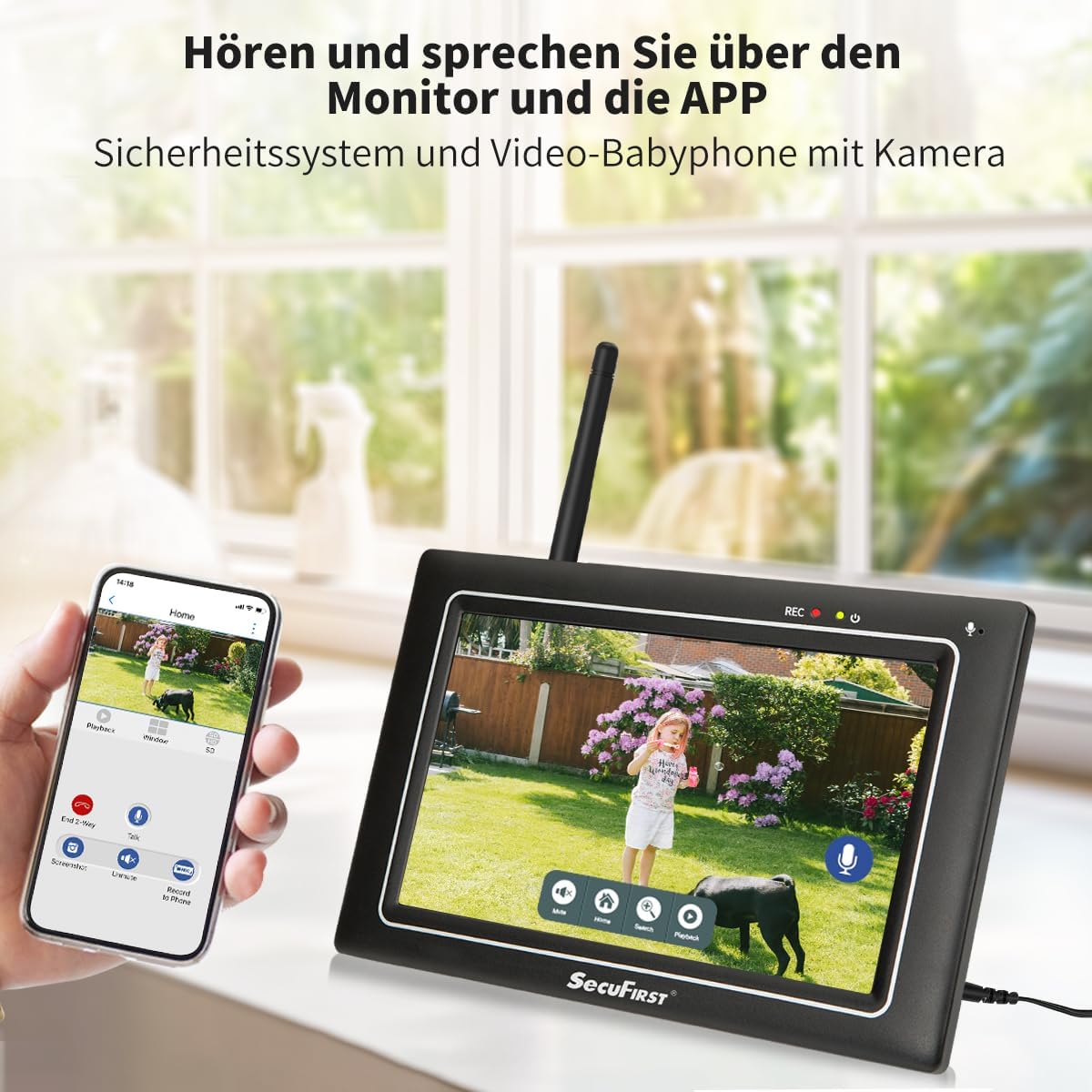 SecuFirst 2K Überwachungskamera Aussen Set mit Monitor,4X Kameras Überwachung ohne WLAN +7 Zoll Touchscreen Funk NVR Bildschrim,Gegensprech oder Wiedergabe von Aufnahmen über Monitor und APP.