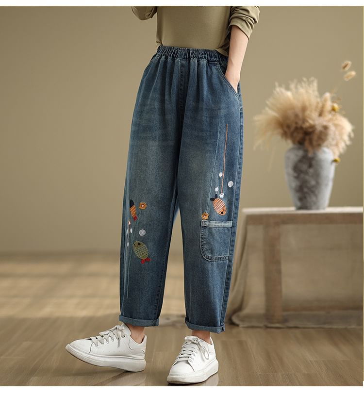 Lewwe - Elastische taille met visborduursel en gewassen cropped baggy jeans