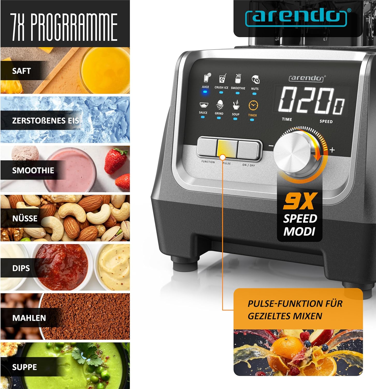 Arendo – Standmixer 2000 Watt - Hochleistungsmixer Edelstahl - 2 Liter Fassungsvermögen – mit Display - 9 Geschwindigkeitsstufen – hochwertige Edelstahl-Messereinheit – 3 voreingestellte Programme