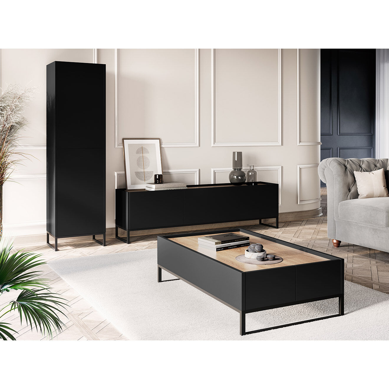 Windsor & Co Meuble TV Helene chêne naturel/noir - 180x40x50 cm