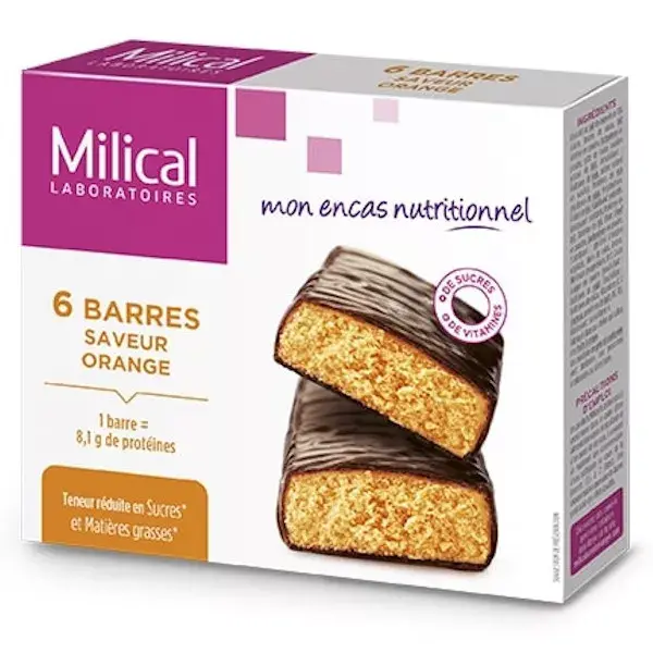 Barras de emagrecimento Milical com alto teor de proteína, sabor laranja, 6 unidades.