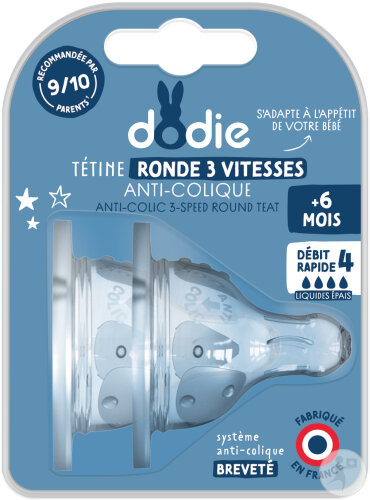 Dodie Initiation+ Tétine Ronde Silicone Col Large +6 Mois 3 Vitesses Débit 4 Liquide Épais Pièces 2