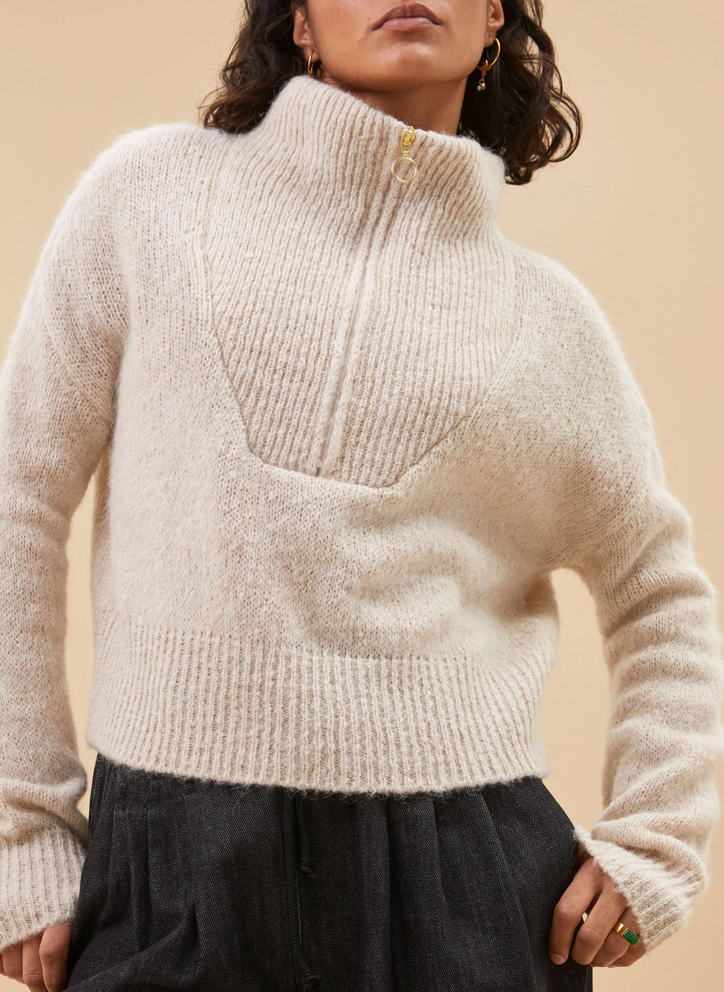 BOXY BEAU - Pull col montant en laine mélangée | Beige