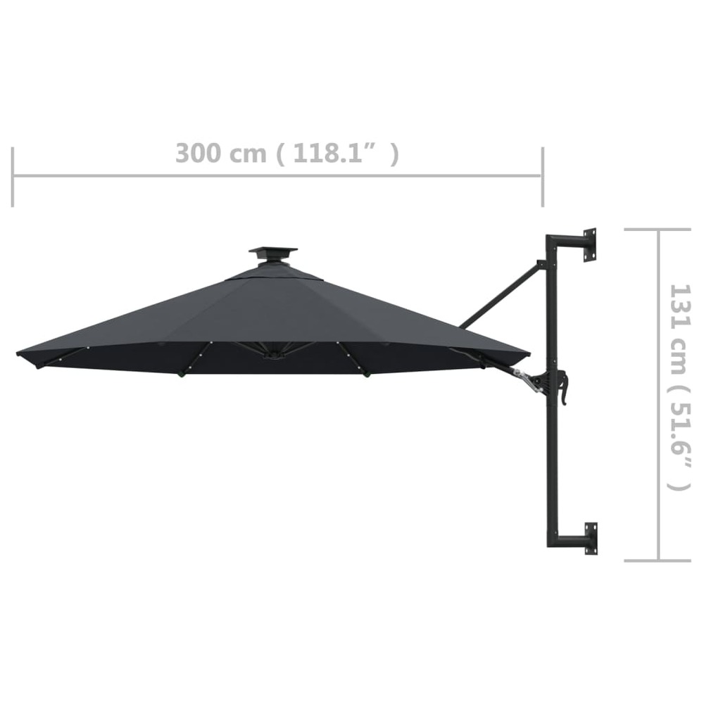 Parasol mural avec mât métallique et led 300 cm anthracite
