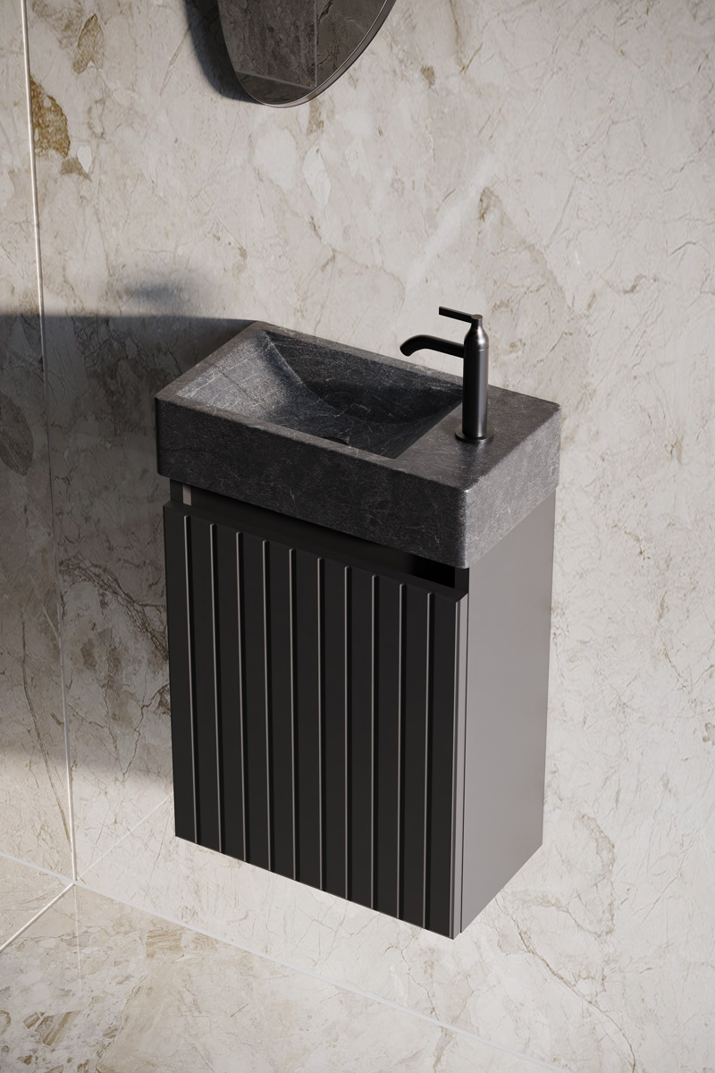 Fontana Recto toiletmeubel ribbelfront mat zwart 40x22cm met natuurstenen fontein rechts