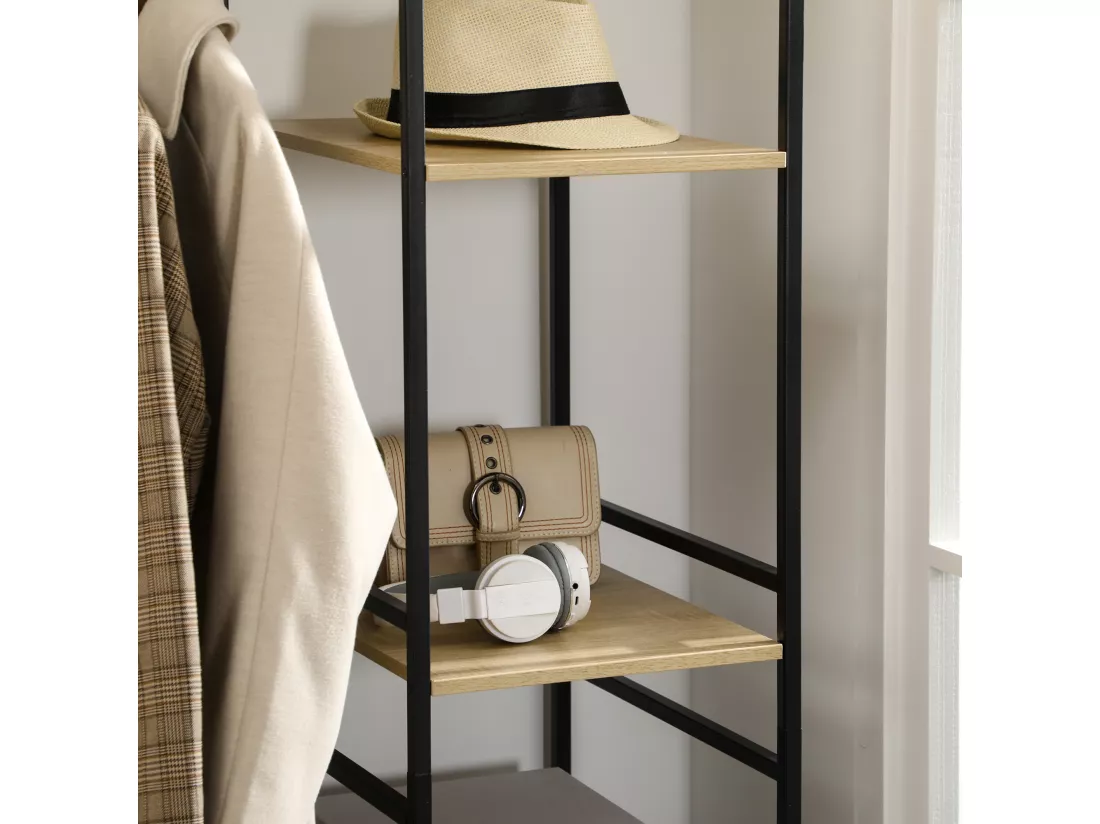 Penderie portant à vêtements style industriel en métal avec tringle et 4 étagères - dim. 100L x 46L x 170,5H cm - métal aspect chêne clair