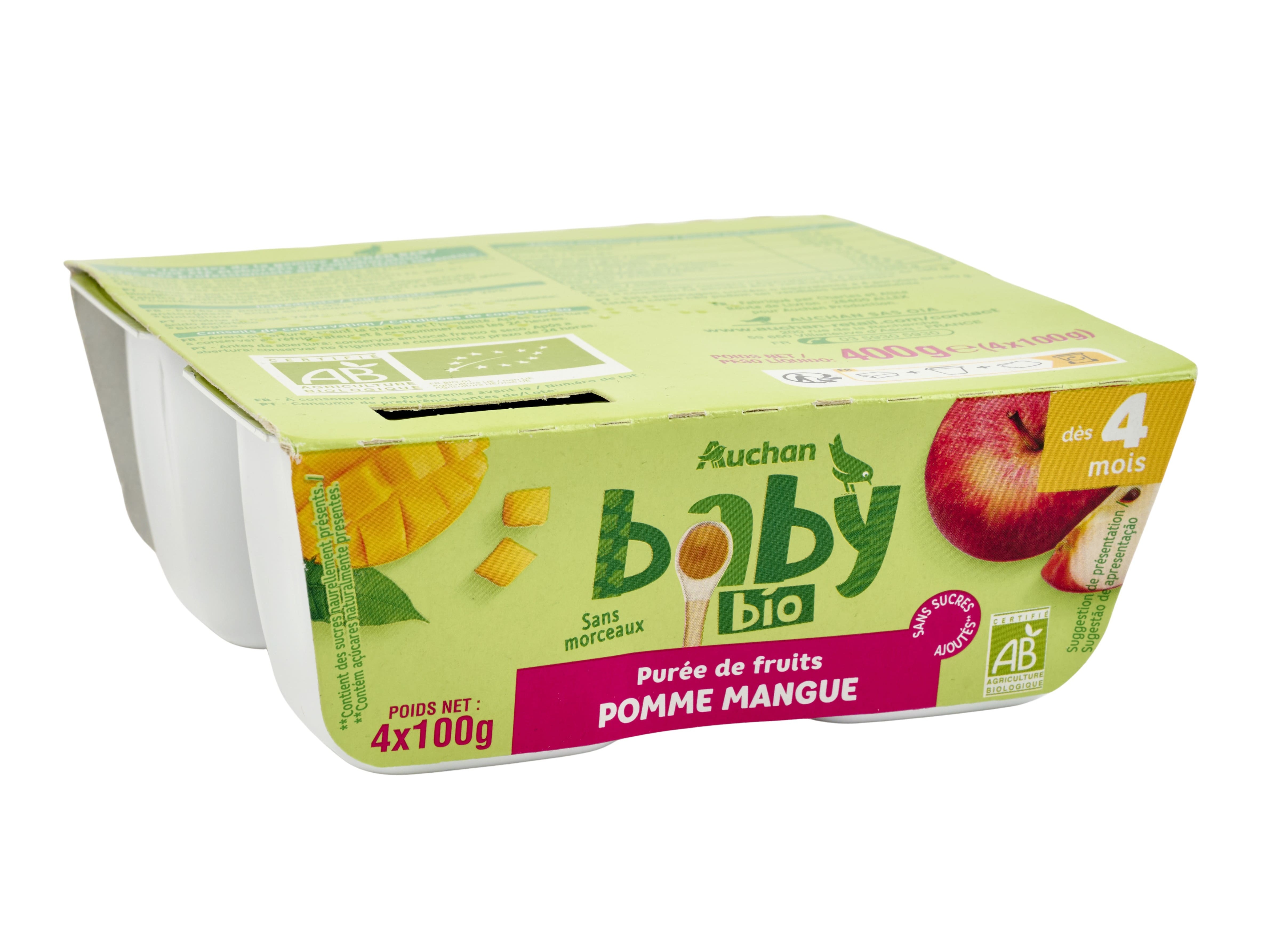 TACINHA FRUTA AUCHAN BABY BIO MAÇÃ E MANGA SEM GLÚTEN 4X100G