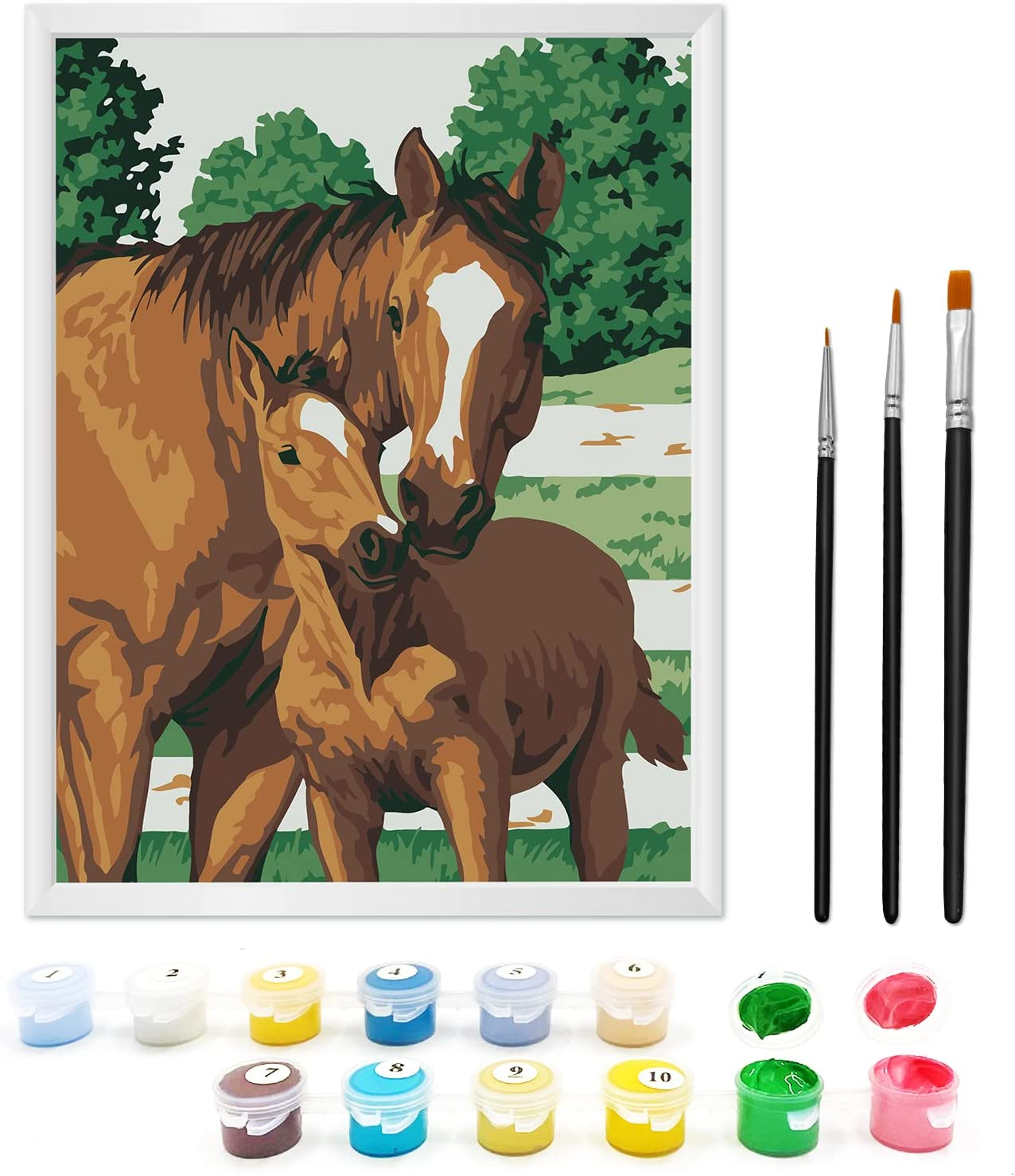 (10-tlg. Set) 40x50cm Malen Nach Zahlen Leinen Tuch für Erwachsene und Kinder inkl. Bildaufhänger - Pferd mit Fohlen