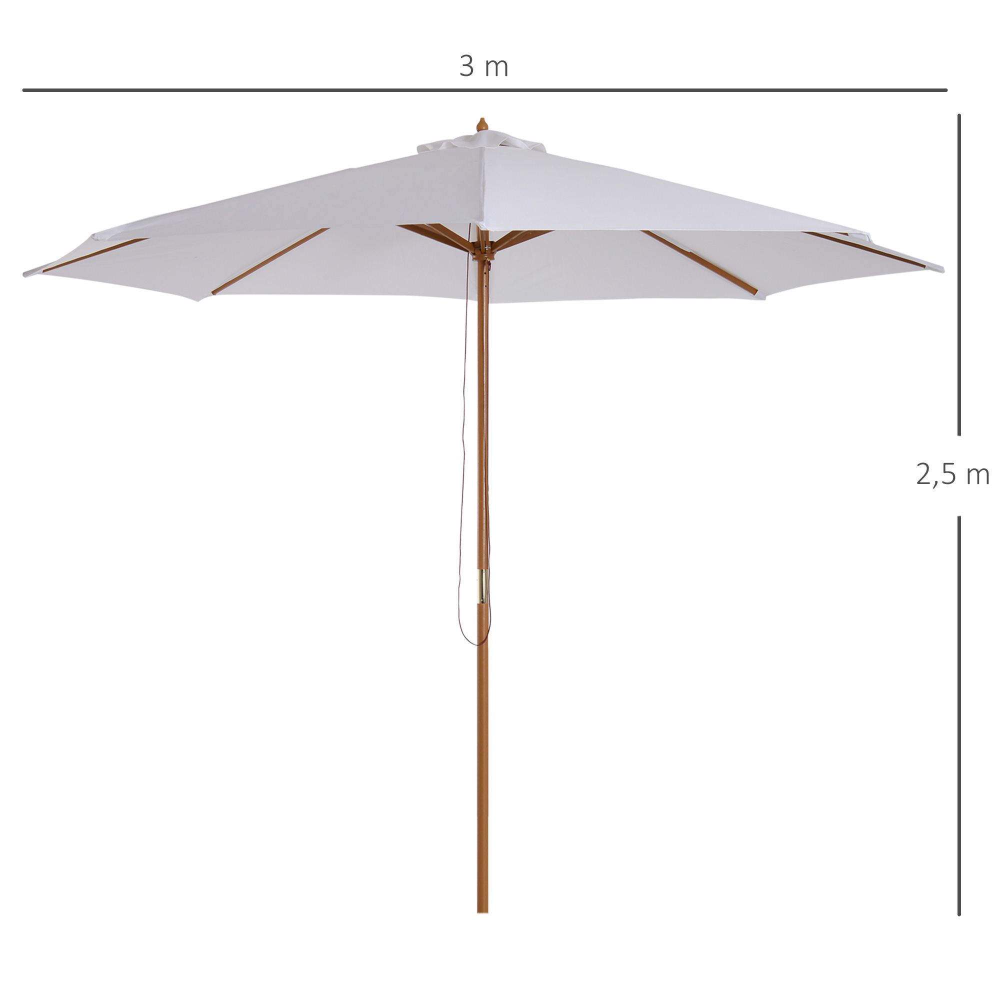 Guarda-sol de jardim Outsunny Ø300x250 cm com sistema de fixação por trava, cobertura ventilada e mastro de madeira removível para terraço, pátio e área externa, branco.