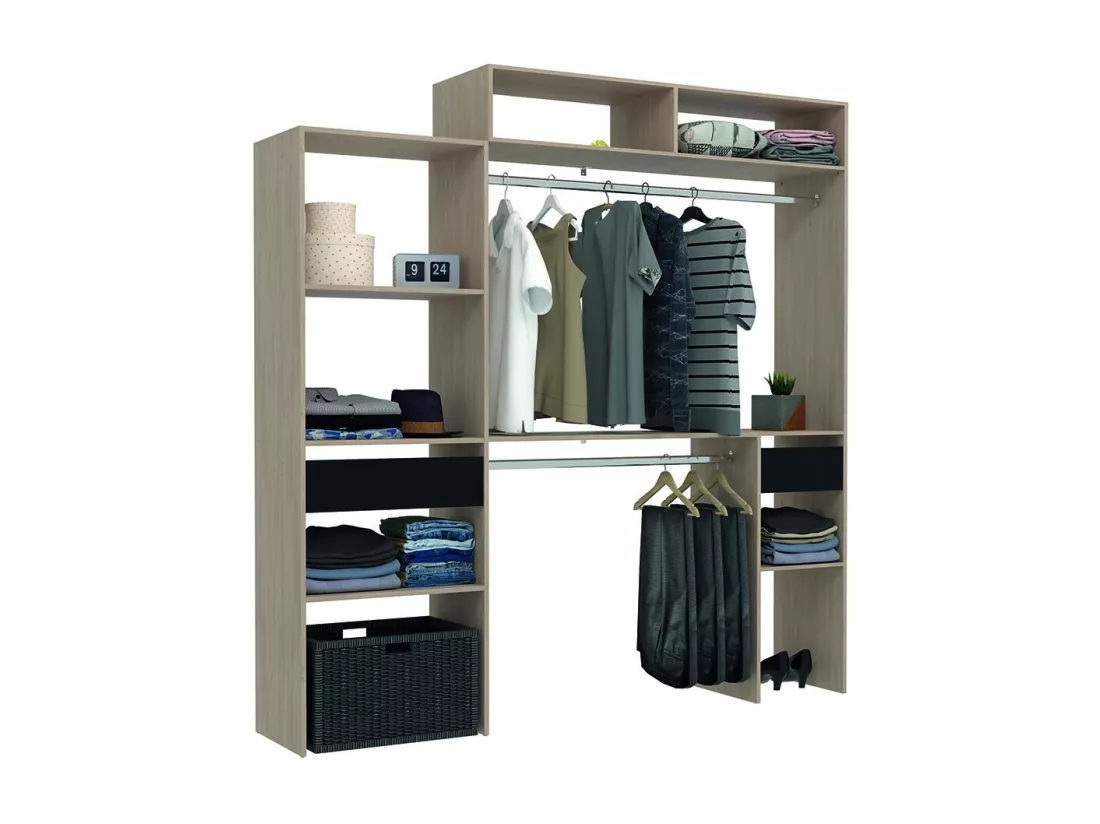 Dressing bois extensible avec 2 penderies, 4 étagères, un tiroir ELYSEE