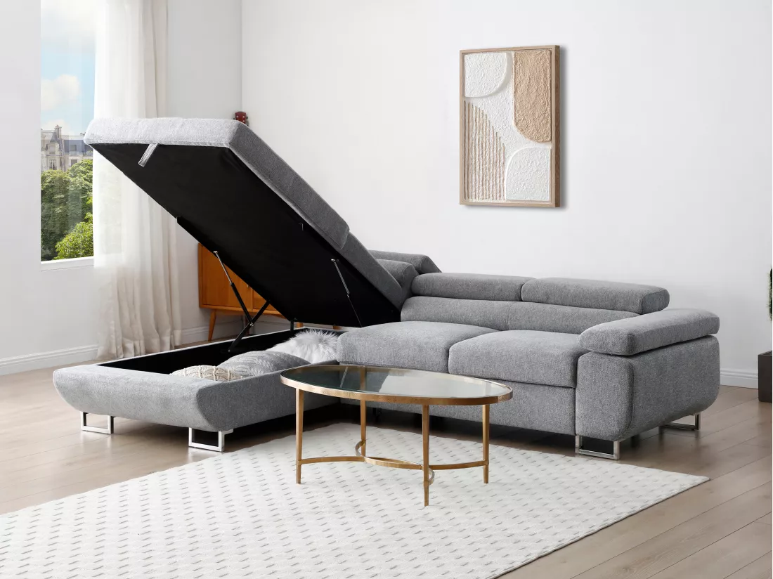 Canapé d'angle gauche convertible en tissu texturé gris NURAZIO
