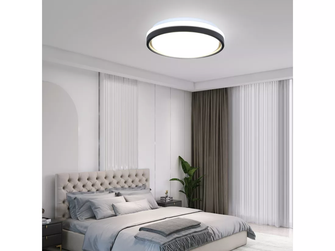 NETTLIFE Lampe plafond LED chambre, Ø30cm, réglable, 18W, télécommande, noir/or, design moderne