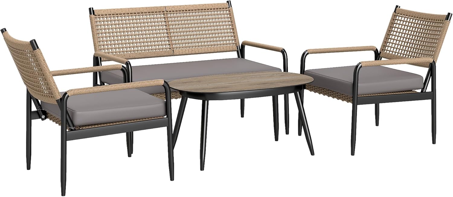 Outsunny Gartenmöbel Set aus Polyrattan Lounge-Set mit 2er Sofa Sessel Glastisch Kissen wetterfest Sitzgruppe für 4 Personen Outdoor Balkonmöbel Set Terrassenmöbel für Garten Balkon Dunkelgrau+Gelb