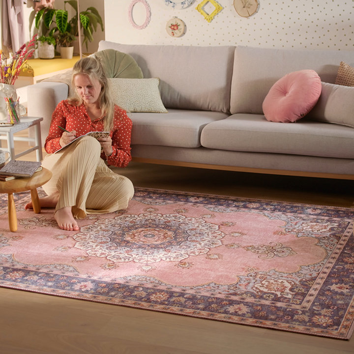 Vintage vloerkleed - Lily Medaillon Roze | Lekker fleurig