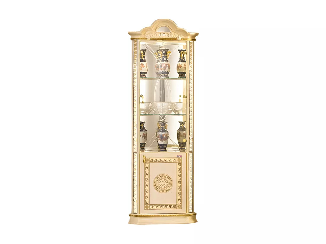 Vitrine d'angle bois vernis laqué brillant beige et doré Venus 64cm