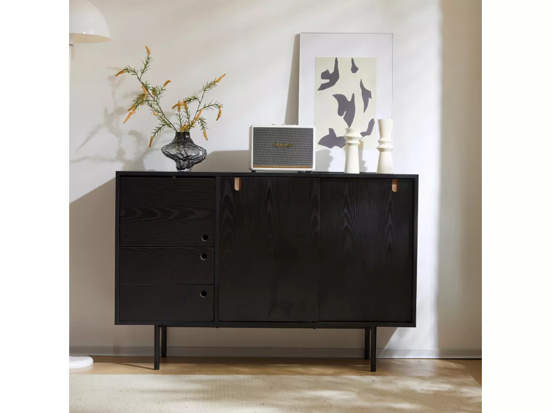 Buffet moderne avec 2 tiroirs et 3 portes - 120 x 35 x 78 cm - Panneau de particules et métal - Noir