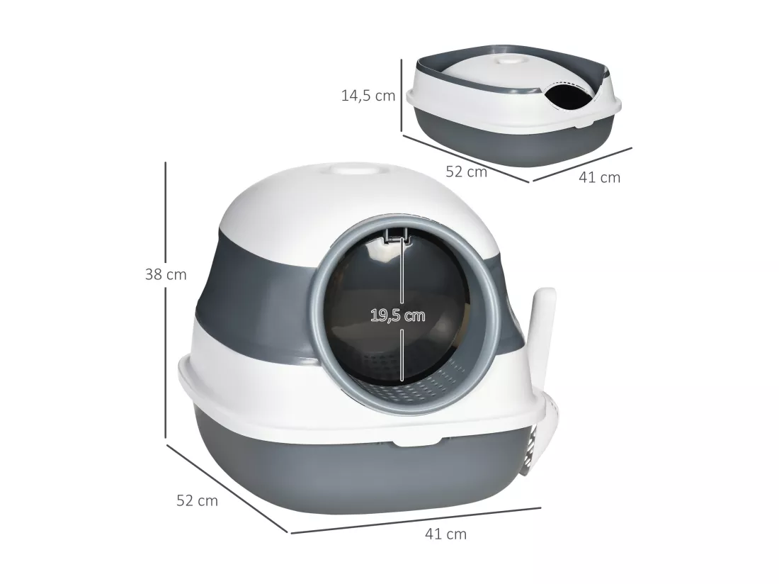 Maison de toilette pliable - bac à litière chat avec porte battante, pelle et filtre inclus - ABS PP blanc gris