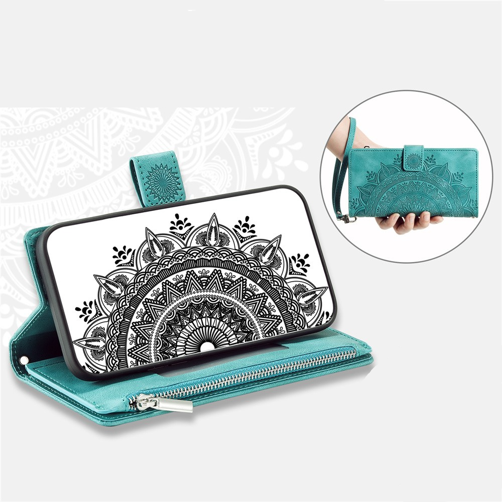 Samsung Galaxy A55 Leder Tasche Flip Cover mit Reissverschluss - Mandala Flowers Imprint - Türkis