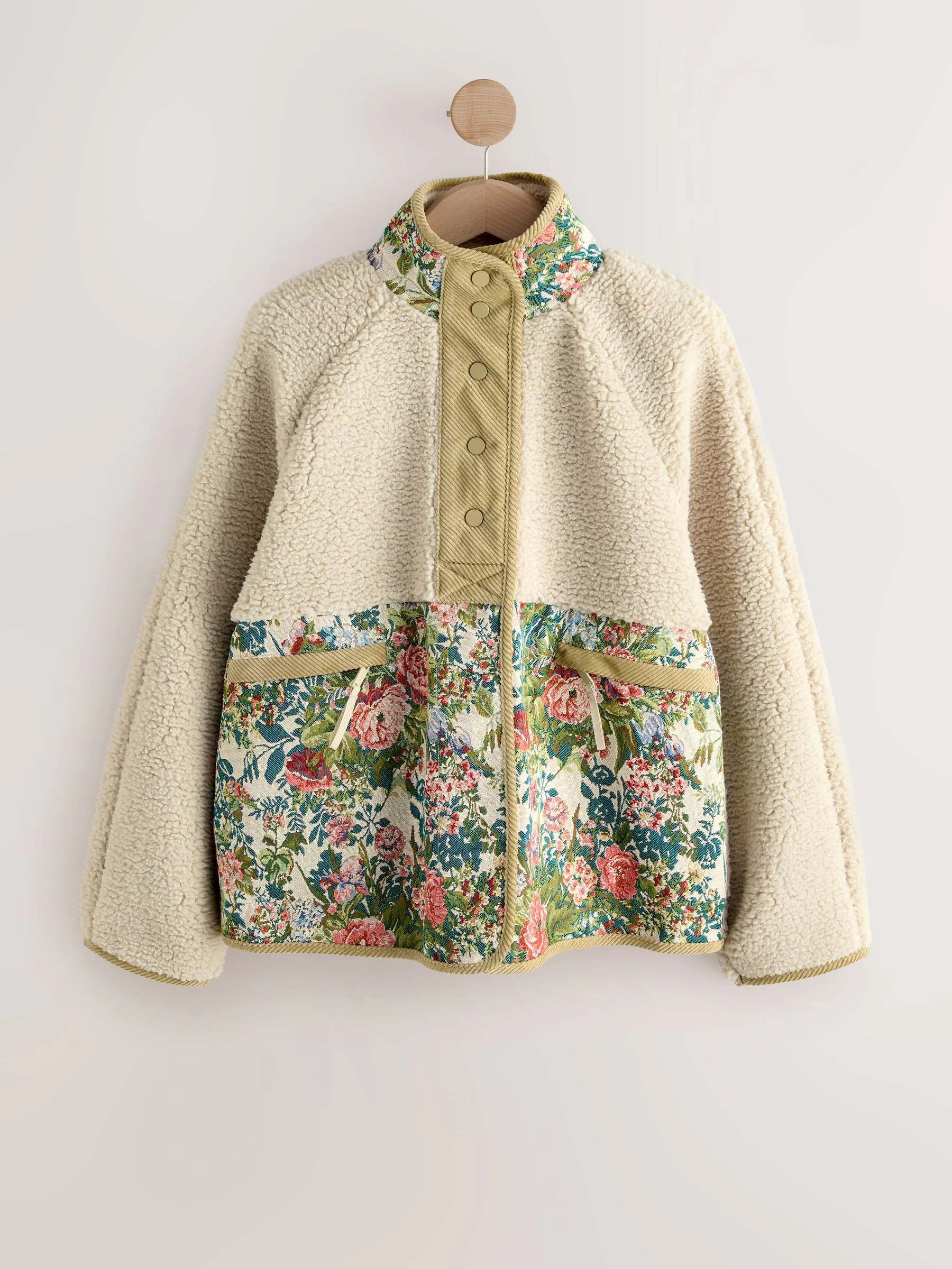 Ecru/roze met bloemenprint - Behaaglijke teddy Borg mixgeweven fleece Jack met Knoopsluiting