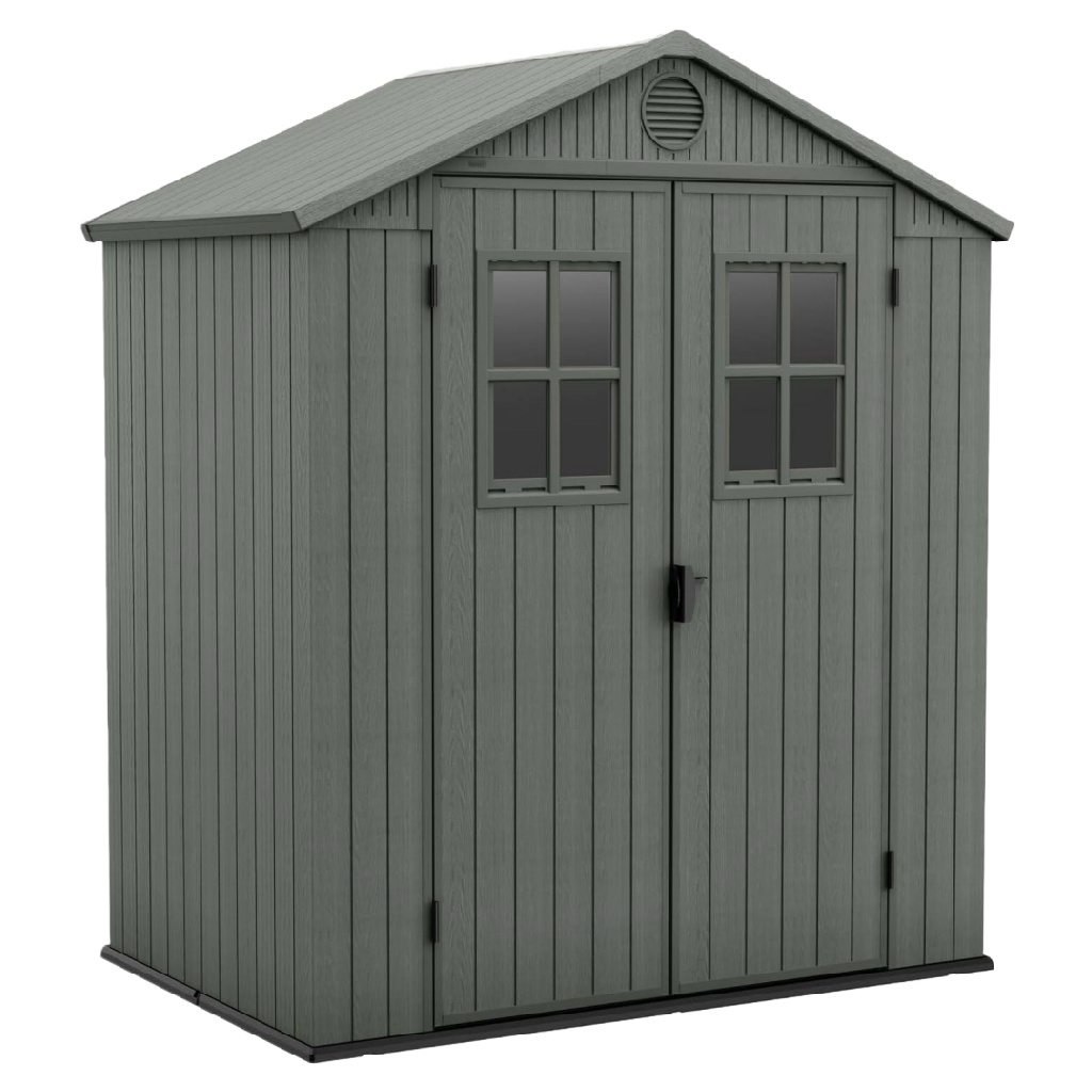 Abri de jardin en résine imitation bois à double pente – double porte avec fenêtres – gris foncé